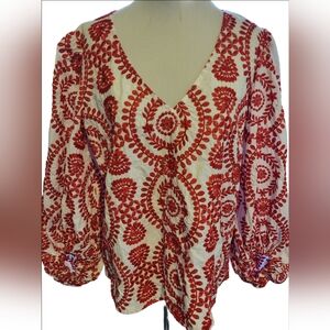 Embroidered Red and White Women's Top Size Extra Large